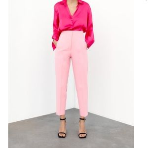 Zara high waisted work pants in bubble gum pink.